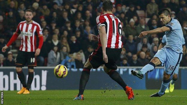 Sergio Aguero equalises for Manchester City at Sunderland