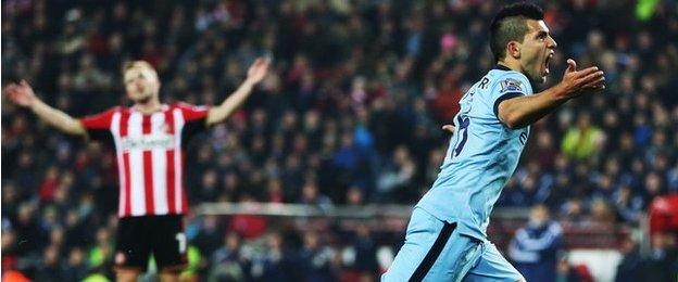 Sergio Aguero celebrates scoring for Manchester City against Sunderland