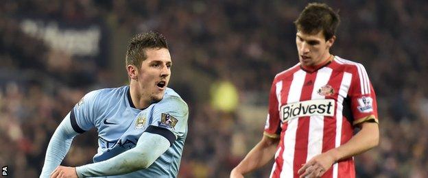 Stevan Jovetic celebrates scoring for Manchester City against Sunderland