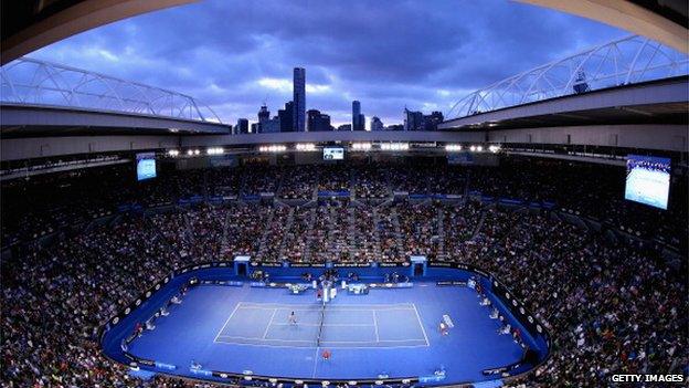 A general view of play between Novak Djokovic of Serbia and Stanislas Wawrinka of Switzerland during their quarterfinal match at the 2014 Australian Open at Melbourne Park on January 21, 2014 in Melbourne, Australia