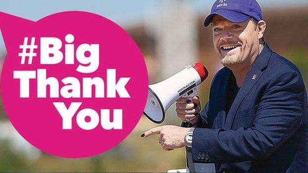 graphic with Eddie Izzard and a mega phone with #Big Thank You in a pink voice bubble