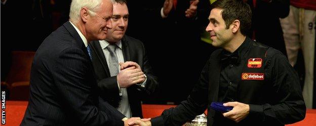 Barry Hearn with Ronnie OSullivan at the World Snooker Championship in Sheffield