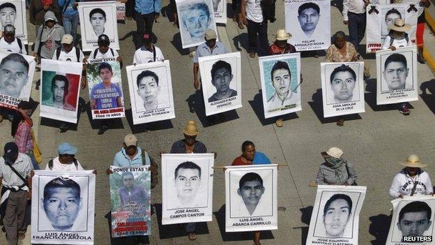 Relatives hold pictures of the missing students in Chilpancingo on 2 December, 2014.