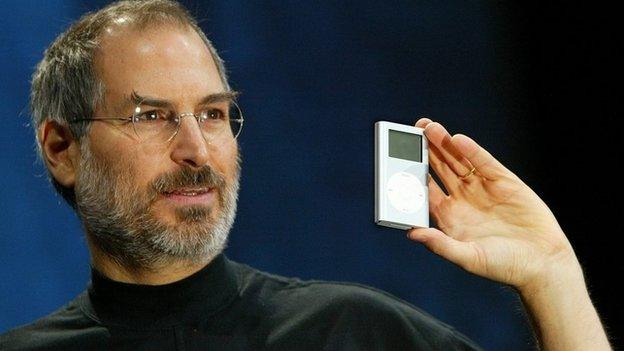 Steve Jobs holding a mini iPod