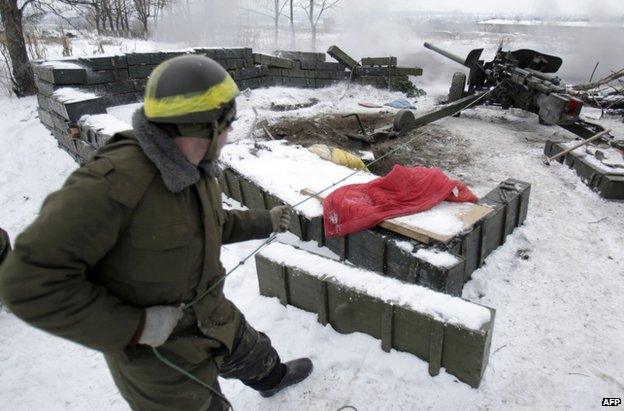 A Ukrainian soldier fires a cannon close to Donetsk airport, 2 December