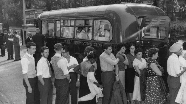 a vaccination van in London in the 1950s