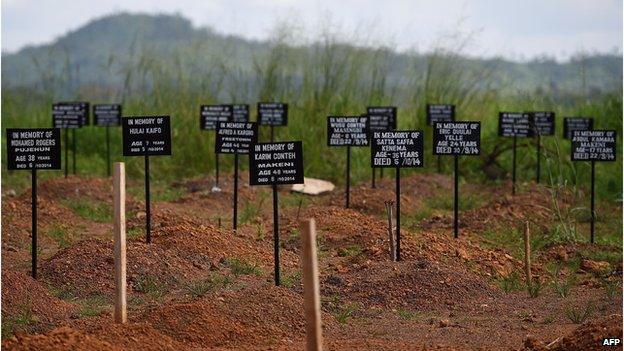 Tombstones at a cemetery at the Kenema Ebola treatment centre run by the Red Cross on November 15, 2014