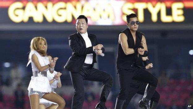 South Korean rapper Psy performs "Gangnam Style" during the opening ceremony for the 17th Asian Games in Incheon, South Korea, Friday, Sept. 19, 2014.