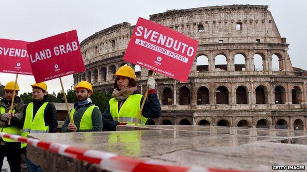 Protestors at the Coliseum in Rome