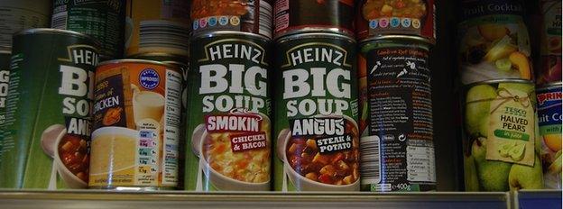 Tinned food on the shelves of Coalville food bank