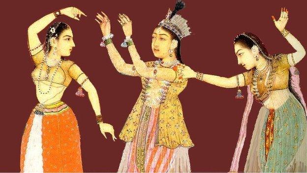 Dancing Moghul women. From Auguste Racinet's Le Costume Historique - FROM WIKIMEDIA COMMONS