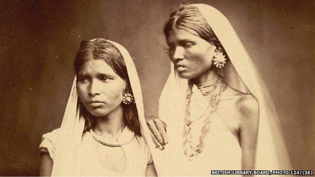 Portrait of two Bengali women taken by an unknown photographer in the early 1860s. In the 19th century the British Government sought to acquire information about the diverse races, customs, costumes and occupations of the sub-continent.