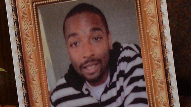 Photograph of Ezell Ford displayed at his funeral in Los Angeles on August 30, 2014.