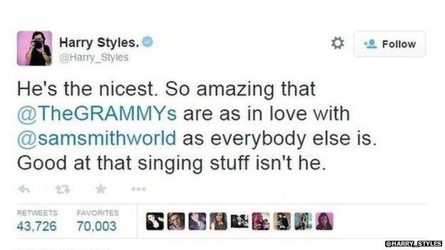 1D's Harry Styles tweeted his support for Sam Smith