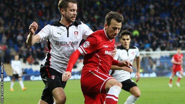 Cardiff City's Adam Le Fondre (R) played for Rotherham between 2009 and 2011 scoring 58 goals in 105 appearances