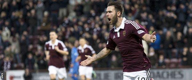 James Keatings celebrates after scoring for Hearts against Queen of the South