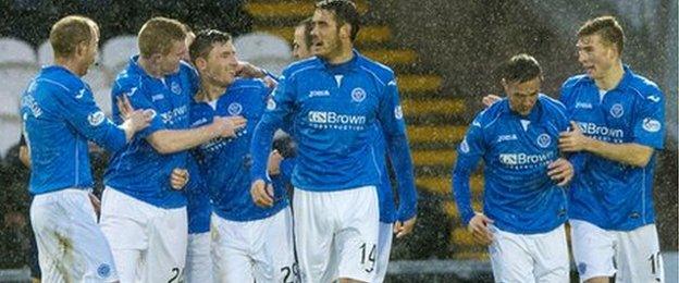 St Johnstone's Michael O'Halloran (2nd left) is congratulated on his goal which later won the game for his side.