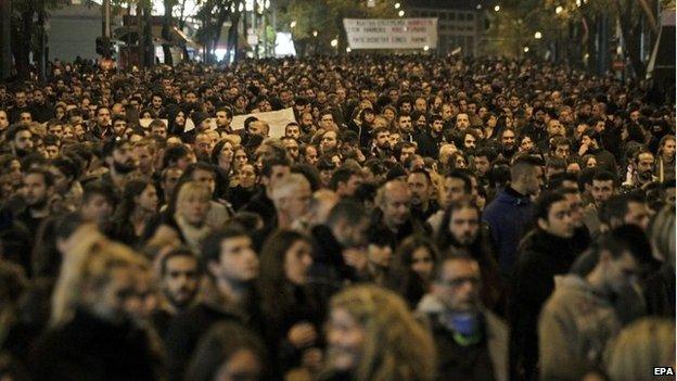 Demonstrators take part in a rally on the anniversary of the killing of teenager Alexis Grigoropoulos by a Greek police officer, in Athens, Greece, 06 December 2014