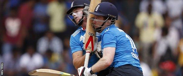 Jos Buttler and Eoin Morgan collide