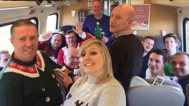 Jack Young and Dartford fans on the train to Bradford