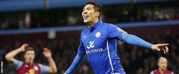 Leicester forward Leonardo Ulloa celebrates scoring against Aston Villa