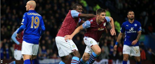 Aston Villa defender Ciaran Clark celebrates scoring against Leicester City