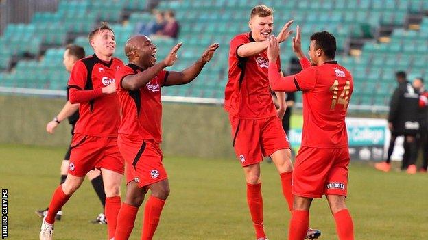 Truro City celebrate a goal against Hereford