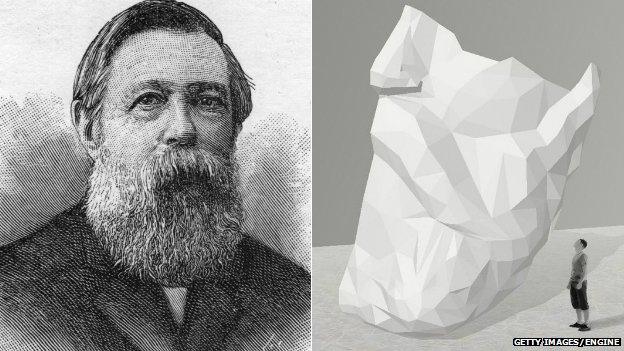 Friedrich Engels and an artist's impression of the beard sculpture