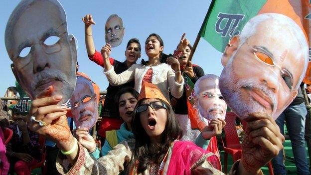 Modi supporters during an election campaign rally in Vijaypur.