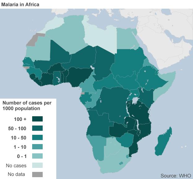 Map showing African countries affected by malaria