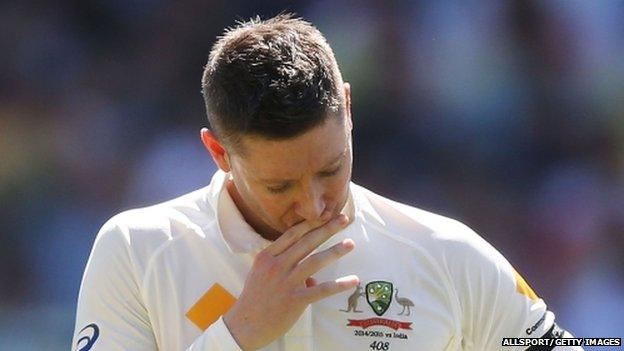 Australia captain Michael Clarke wipes away tears during tributes to Phillip Hughes. Photo: 9 December 2014