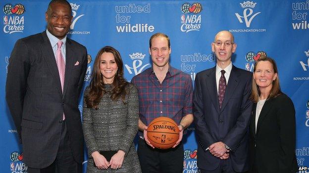 Duke and Duchess of Cambridge pose with NBA commissioner Adam Silver (second right), NBA global ambassador Dikembe Mutombo (left), and NBA community player programs vice president Kathleen Behrens