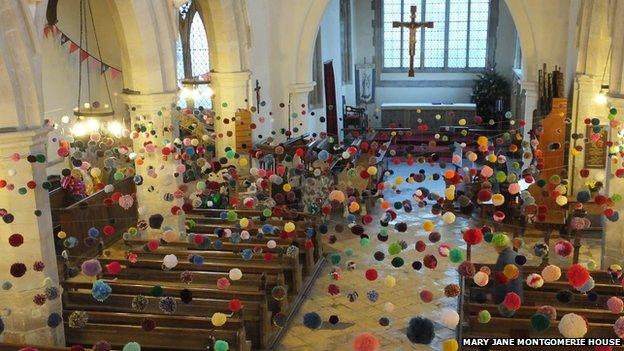 Pom pom art in Cambridgeshire church