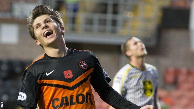 Dundee United midfielder Charlie Telfer celebrates a goal