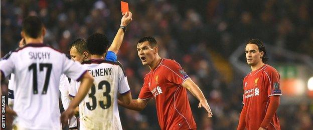 Liverpool substitute Lazar Markovic (right) is sent off