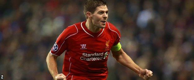 Steven Gerrard celebrates scoring against Basel