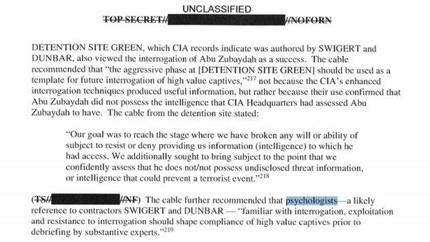 A page from the US Senate intelligence committee report on 9 December 2014