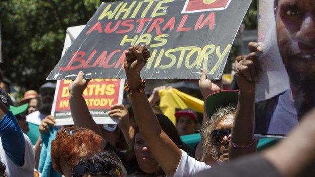 Demonstrators gather to protest the deaths of indigenous Australians while in custody on 14 November 2014 in Brisbane, Australia