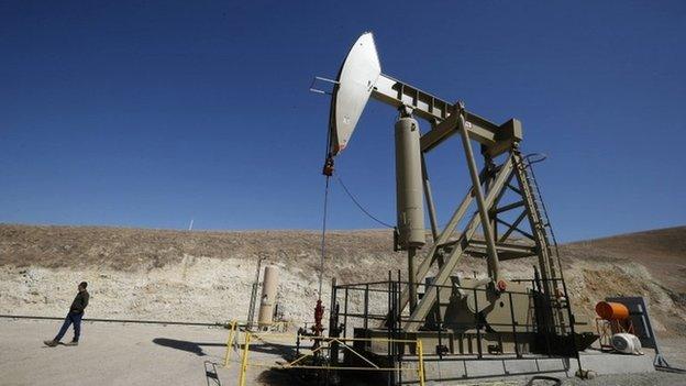 A pumpjack drills for oil in the Monterey Shale, California