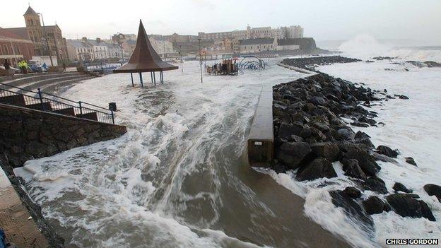 Sea water flooding over the land at Portstewart, Northern Ireland