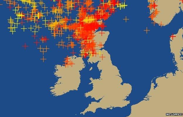 A map showing lightning strikes in the UK