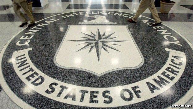 The CIA symbol is shown on the floor of CIA Headquarters