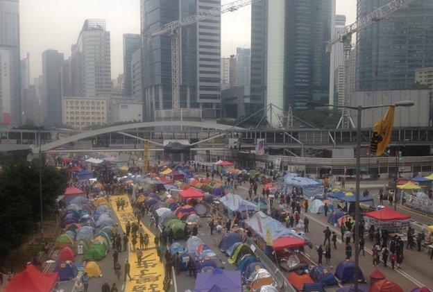 Wide shot of protest camp in Hong Kong's Admiralty district