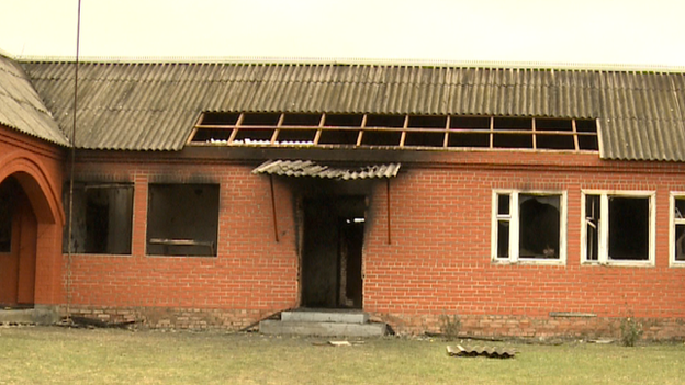 The exterior of a Chechen house burnt in an attack