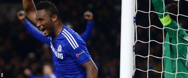 John Mikel Obi turns away after scoring Chelsea's third goal