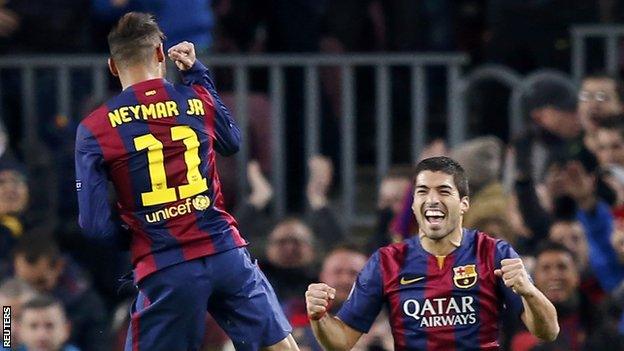 Barcelona forward Neymar celebrates scoring against Paris St-Germain in the Champions League