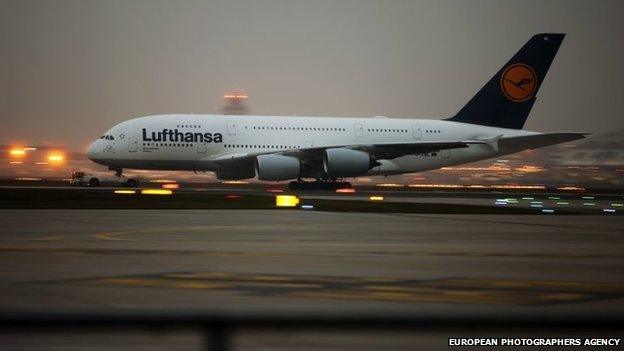 An Airbus A380 of German air carrier Lufthansa