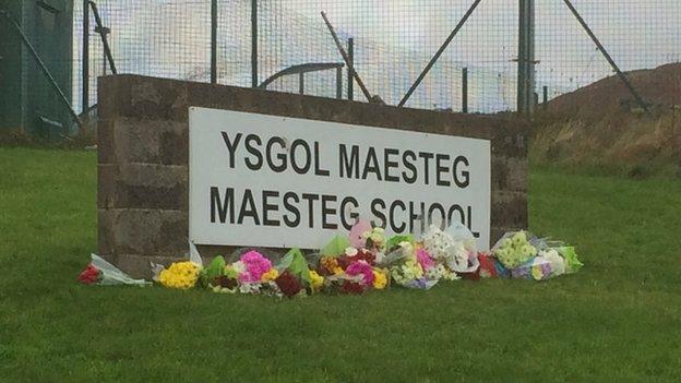 Floral tributes outside Maesteg School