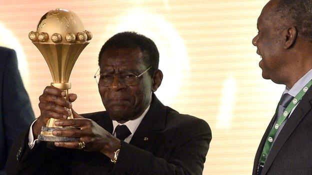 Equatorial Guinea's President Teodoro Obiang with the Africa Cup of Nations trophy