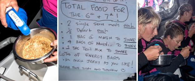 A team member pours coffee on her cereal; a scribbled menu sheet shows what the crew have to eat; team members eat a meal.